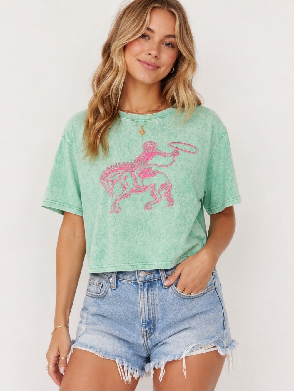 Merigold Kiss Embroidered Cowboy Crop Tee Acid Wash Green Pink NWT Medium/Large